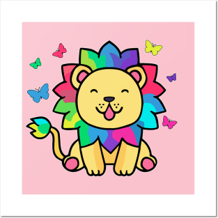 Happy smiling lion with butterflies. Kawaii cartoon Posters and Art